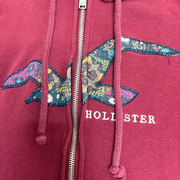 Hollister burgundy zip hoodie medium floral logo Y2K vintage cozycore See pics - Picture 2 of 10